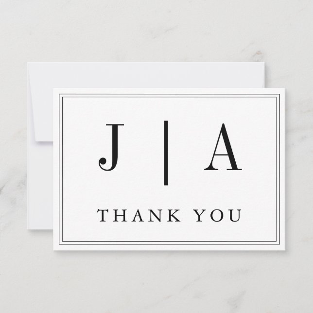 Black And White Monogram Couple Name Modern Simple Thank You Card (Front)