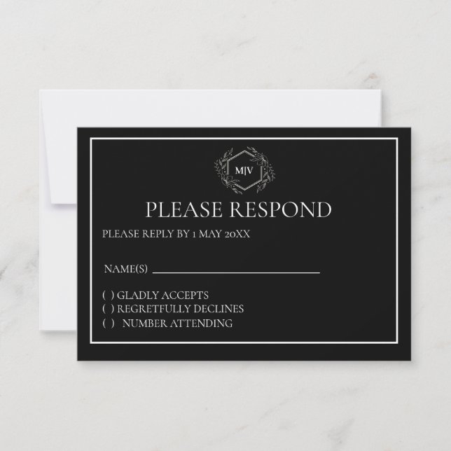 Black and White Monogram Crest RSVP card (Front)