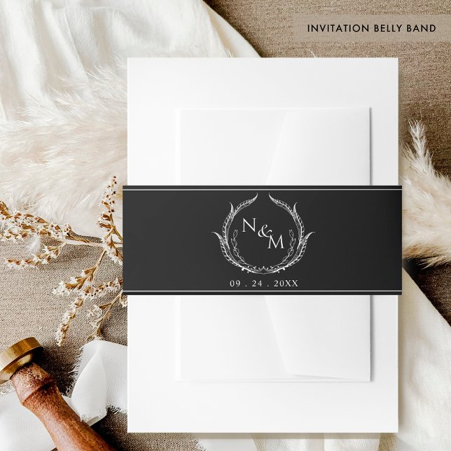 Black and White Monogram Crest Wedding Invitation Belly Band (Creator Uploaded)