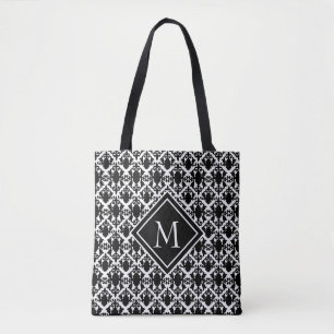 Black and White Monogram Damask Tote Bag