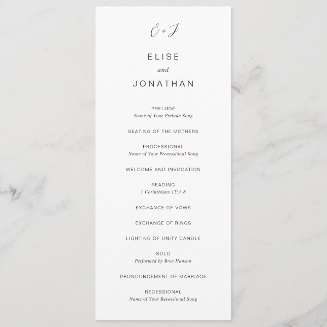 Black and White Monogram Elegant Wedding Program (Front)