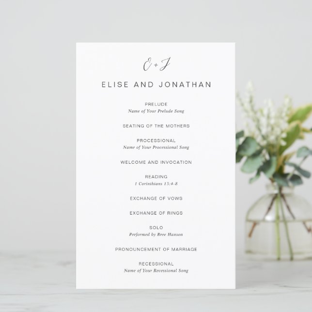 Black and White Monogram Elegant Wedding Program (Standing Front)