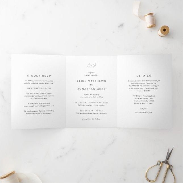 Black and White Monogram Elegant Wedding Tri-Fold Invitation (Inside)