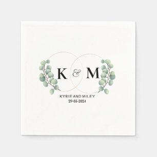 black and white monogram eucalyptus wedding napkin