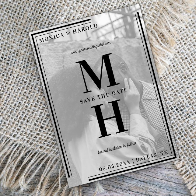 Black and White Monogram Faded Photo Retro Frame Save The Date (Creator Uploaded)