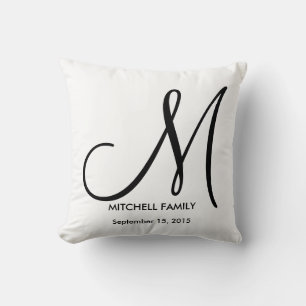 Black and White Monogram Family Wedding Square Throw Pillow