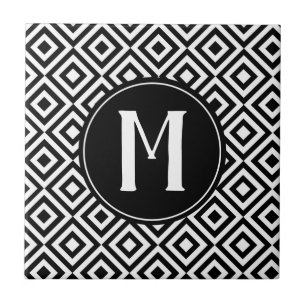 Black and White Monogram Geometric Diamond Pattern Tile