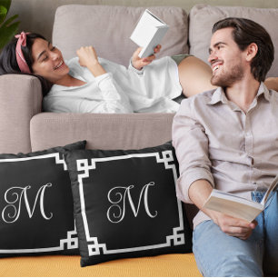 Black and White Monogram Greek Key Border Throw Pillow