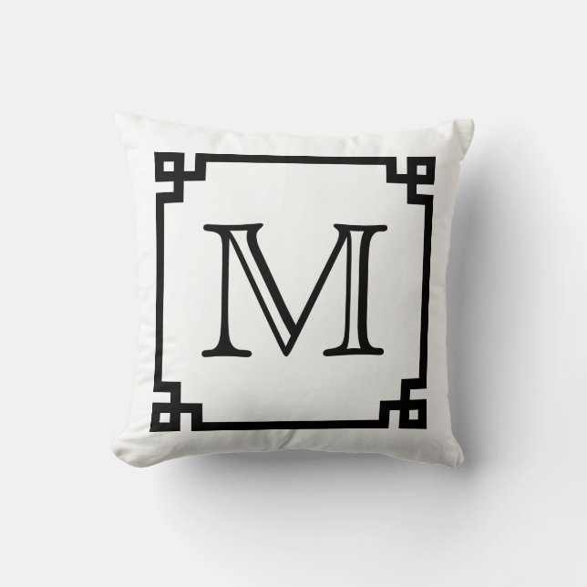 Black And White Monogram Greek Key Throw Pillow (Front)