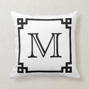 Black And White Monogram Greek Key Throw Pillow