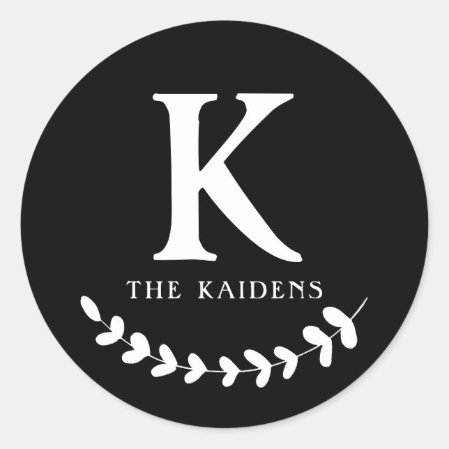 Black and White Monogram Initial Family Last Name Classic Round Sticker (Front)