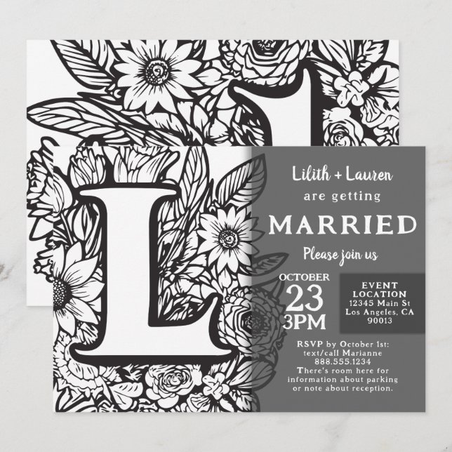 Black and White Monogram L Tattoo Flowers Wedding Invitation (Front/Back)