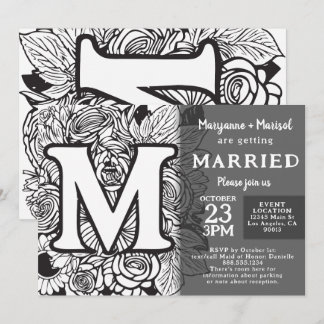 Black and White Monogram M Tattoo Flowers Wedding Invitation