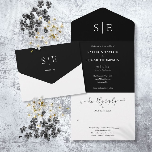 Black And White Monogram Minimalist Wedding All In One Invitation (Black And White Monogram Minimalist Wedding All In One Invitation)