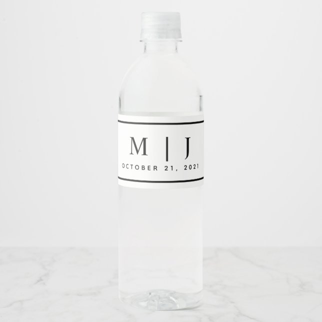 Black and White Monogram Minimalist Wedding Water Bottle Label (Front)