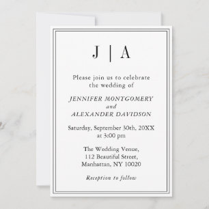 Black And White Monogram Modern Simple Wedding Invitation