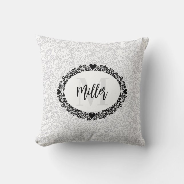 Black and White Monogram Monogram Name Throw Pillow (Front)