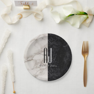 Black and White Monogram Paper Plate