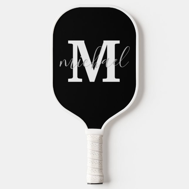 black and white monogram personalized modern pickleball paddle (Front)