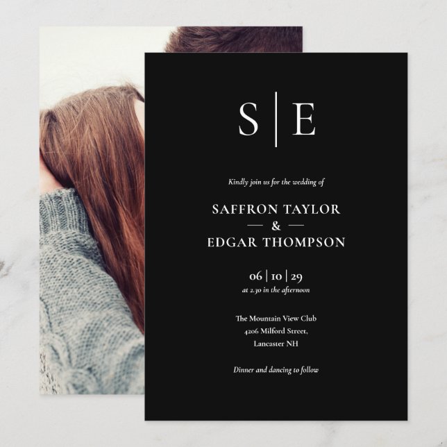 Black And White Monogram Photo Wedding Invitation (Front/Back)