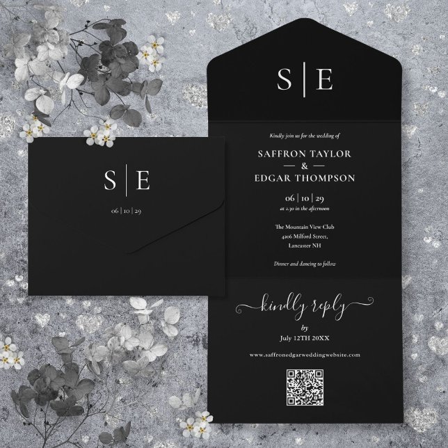 Black And White Monogram QR Code Wedding All In One Invitation (Black And White Monogram QR Code Wedding All In One Invitation)
