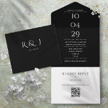 Black And White Monogram QR Code Wedding Date All In One Invitation<br><div class="desc">An elegant black and white minimalist all-in-one wedding invitation featuring your special date and wedding details set in classic,  chic typography. The invitation includes a perforated RSVP card with your wedding website QR code and details. Designed by Thisisnotme©</div>