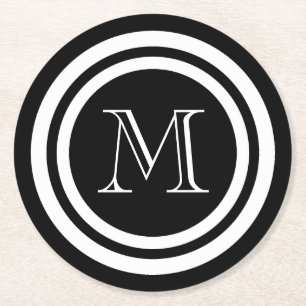 Black and White Monogram Round Paper Coaster