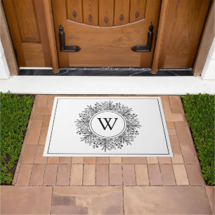 Black and White Monogram Snowflake Christmas Doormat