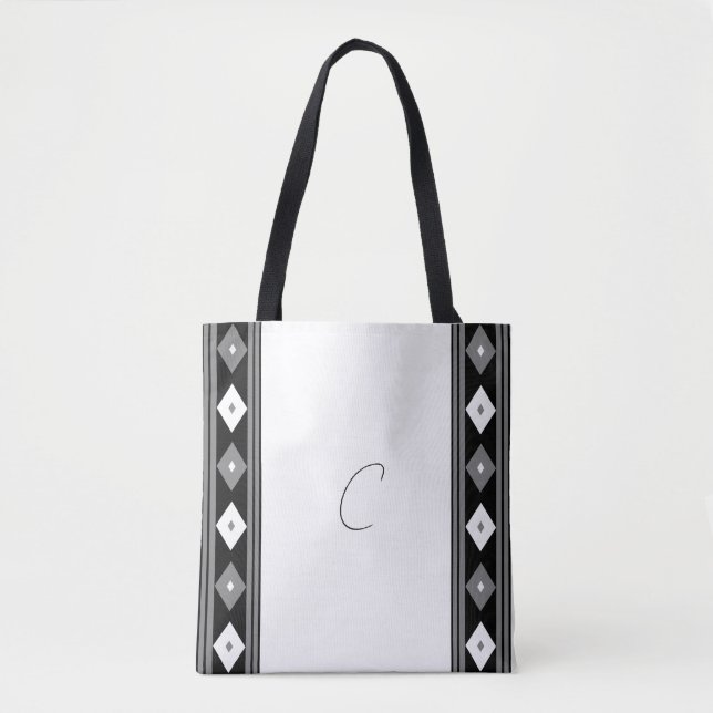 Black and White Monogram Stripes and Diamond   Tote Bag (Front)