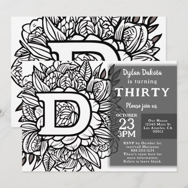 Black and White Monogram Tattoo Flowers Birthday  Invitation (Front/Back)