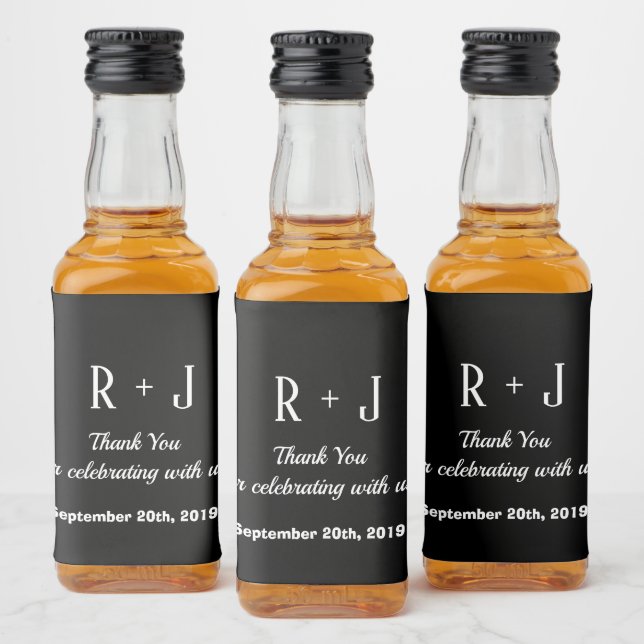 Black and White Monogram Thank You Wedding Liquor Bottle Label (Bottles)
