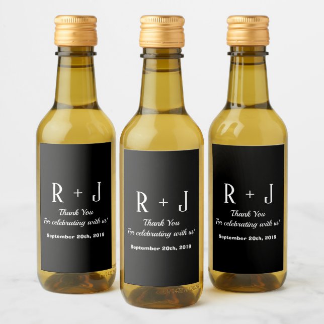 Black and White Monogram Thank You Wedding Mini Wine Label (Bottles)