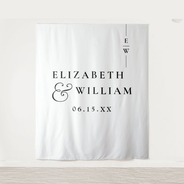 Black And White Monogram Wedding Photo Backdrop Tapestry (Front)