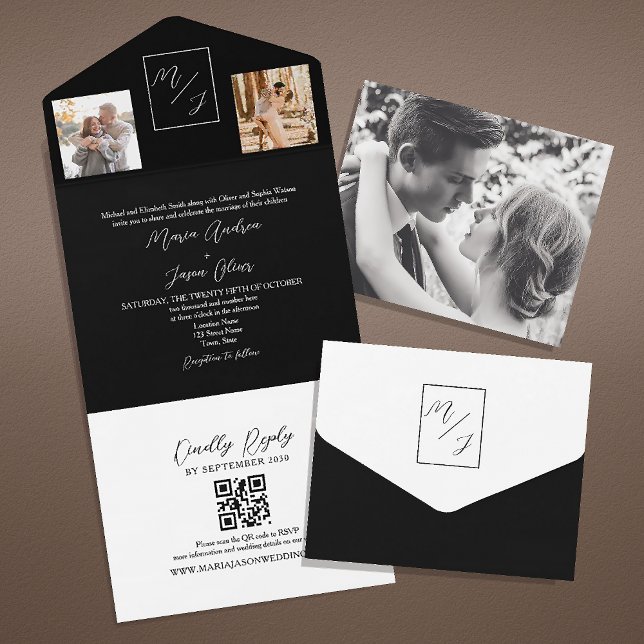 Black and White Monogram Wedding QR Code All In One Invitation (Creator Uploaded)