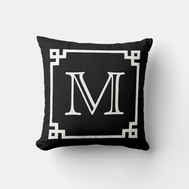Black And White Monogram White Greek Key Throw Pillow (Front)