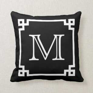 Black And White Monogram White Greek Key Throw Pillow