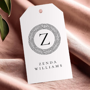 Black and White Monogram with Greek Key Pattern Gift Tags