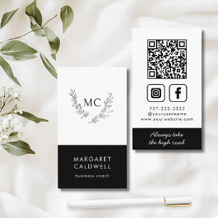 Black and White Monogram Wreath Business Card