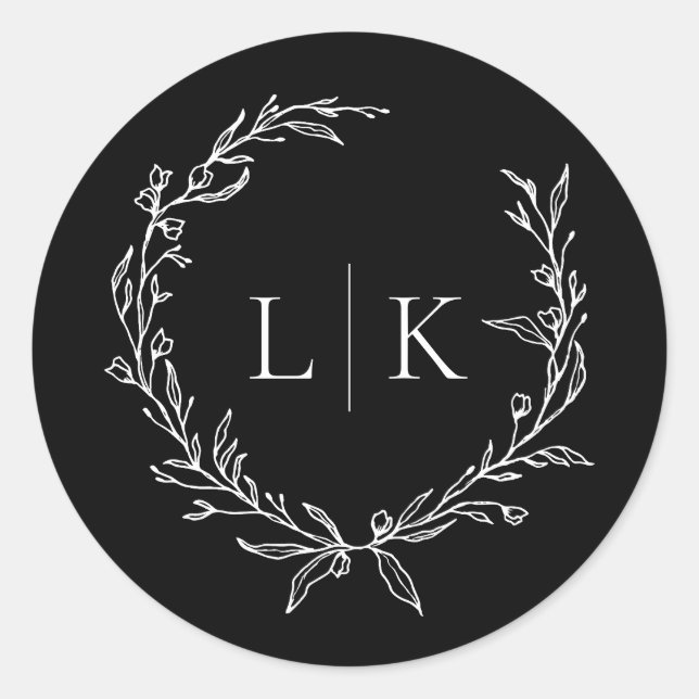 Black and White Monogram Wreath Wedding Classic Round Sticker (Front)