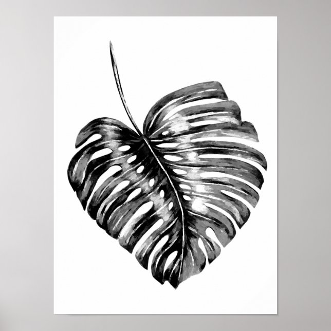 Black and white monstera leaf watercolor tropical poster (Front)
