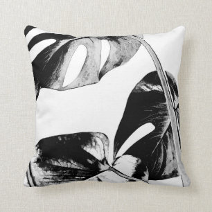 Black and white monstera leaves tropical palm throw pillow
