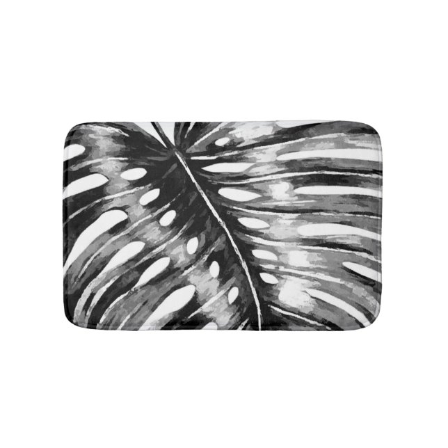 Black and white monstera palm leaf tropical bath mat (Front)