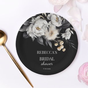Black and white moody boho bridal shower template paper plate