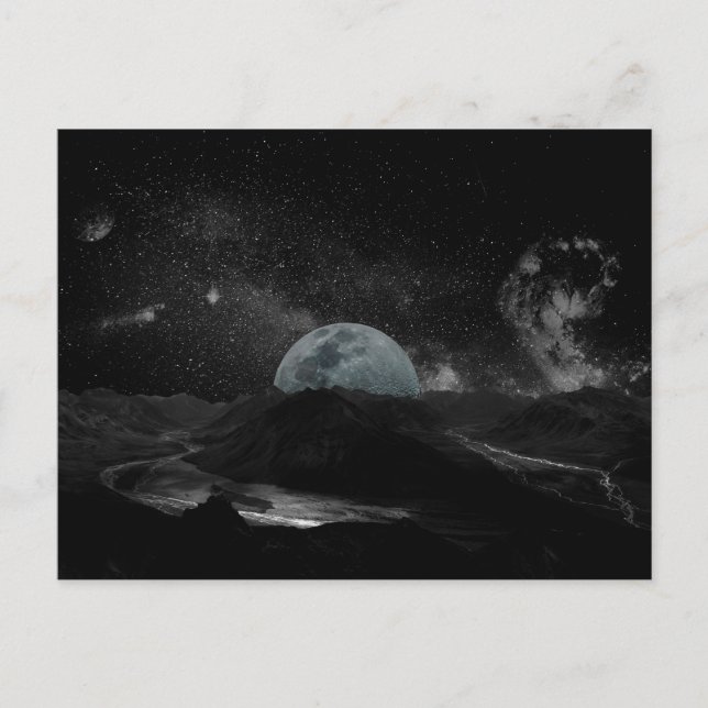 Black and White Moon Night Sky Mountain Galaxy Pos Postcard (Front)