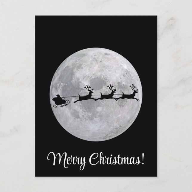 Black and White Moon Santa with Reindeers Postcard (Front)