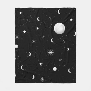 Black and White Moons and Stars Fleece Blanket