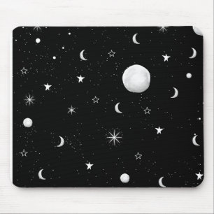 Black and White Moons and Stars Mouse Pad