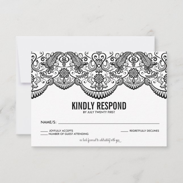 Black and White Moroccan Lace Pattern RSVP Card (Front)