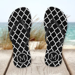 Black and White Moroccan Quatrefoil Monogram Flip Flops<br><div class="desc">Custom printed flip flop sandals with a stylish Moroccan quatrefoil pattern and your custom monogram or other text in a circle frame. Click Customize It to change text fonts and colours or add your own images to create a unique one of a kind design!</div>