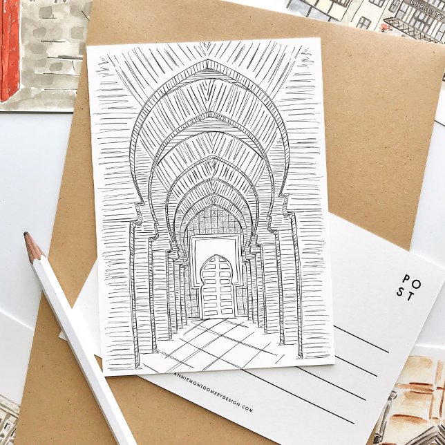 Black and White Morocco Postcard (Black and white sketch Morocco travel postcard.)